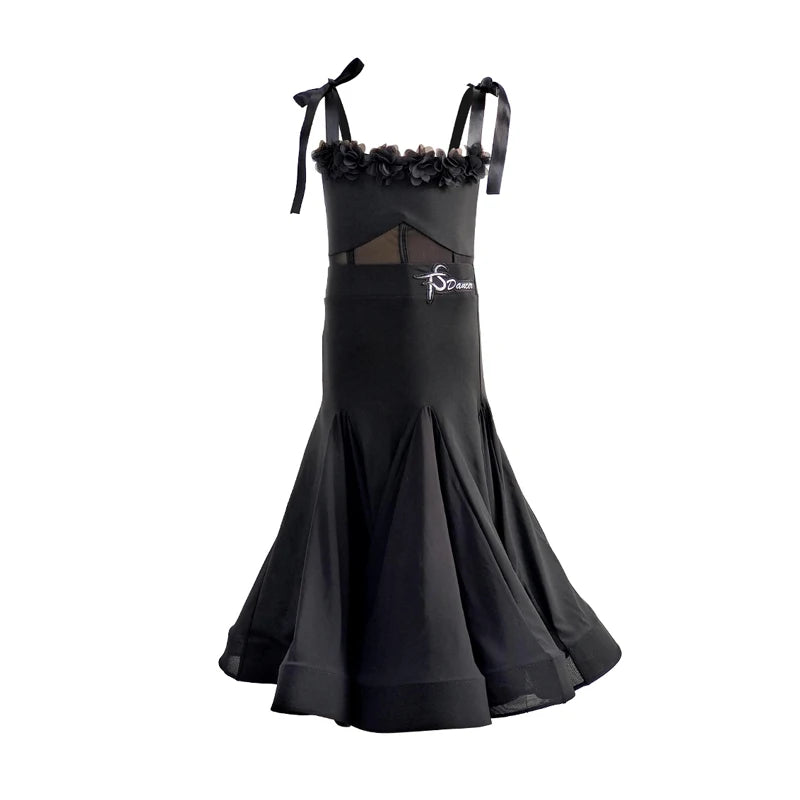 Girls' White & Black Spaghetti Strap Floral Embellished Satin Ballroom Dance Dress