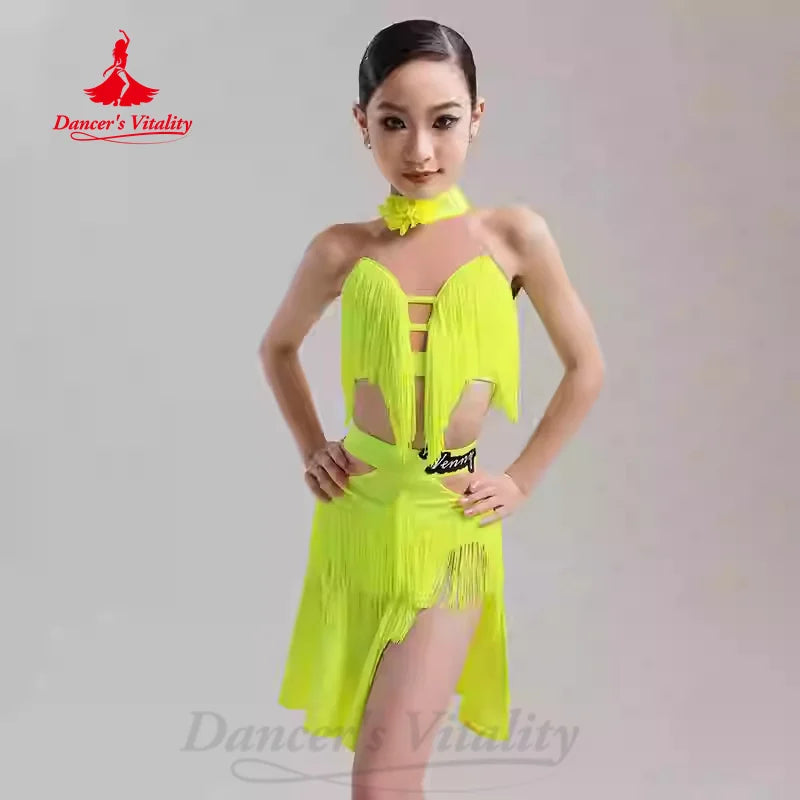 Latin Dance Dress, Girls & Women's, Orange & Neon Yellow, Fringe Cut-out Halterneck, Ballroom Salsa Cha Cha Rumba Tango
