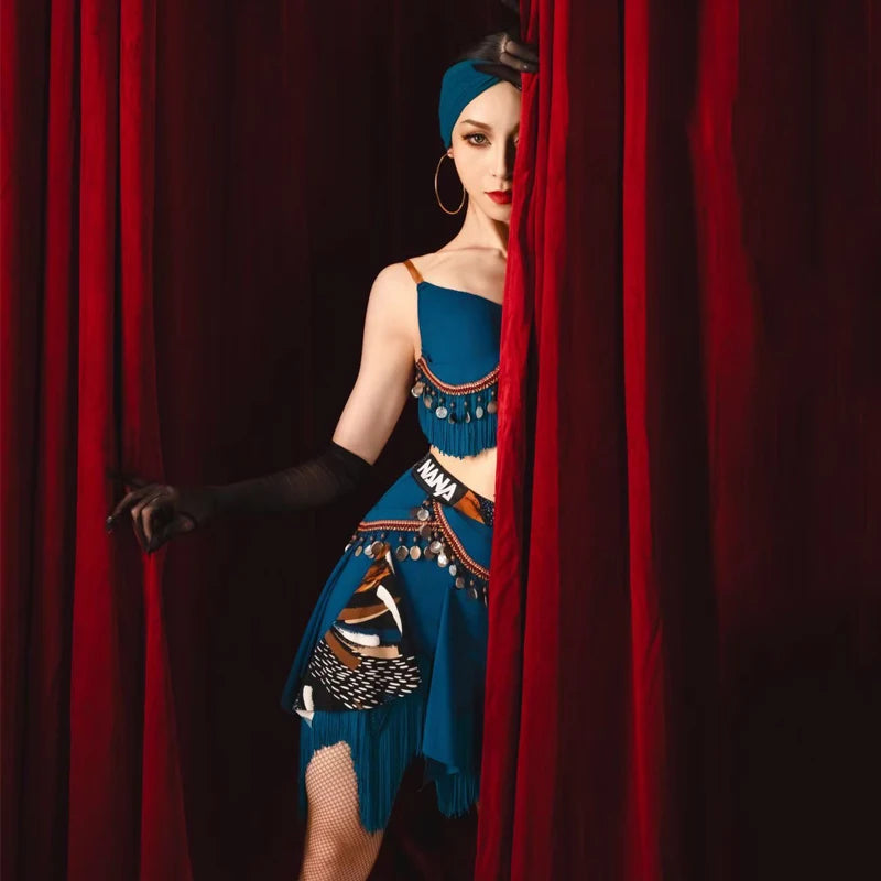 Belly Dance Costume Women Blue Fringe Sequined Skirt Top Set Tribal Fusion Dancewear