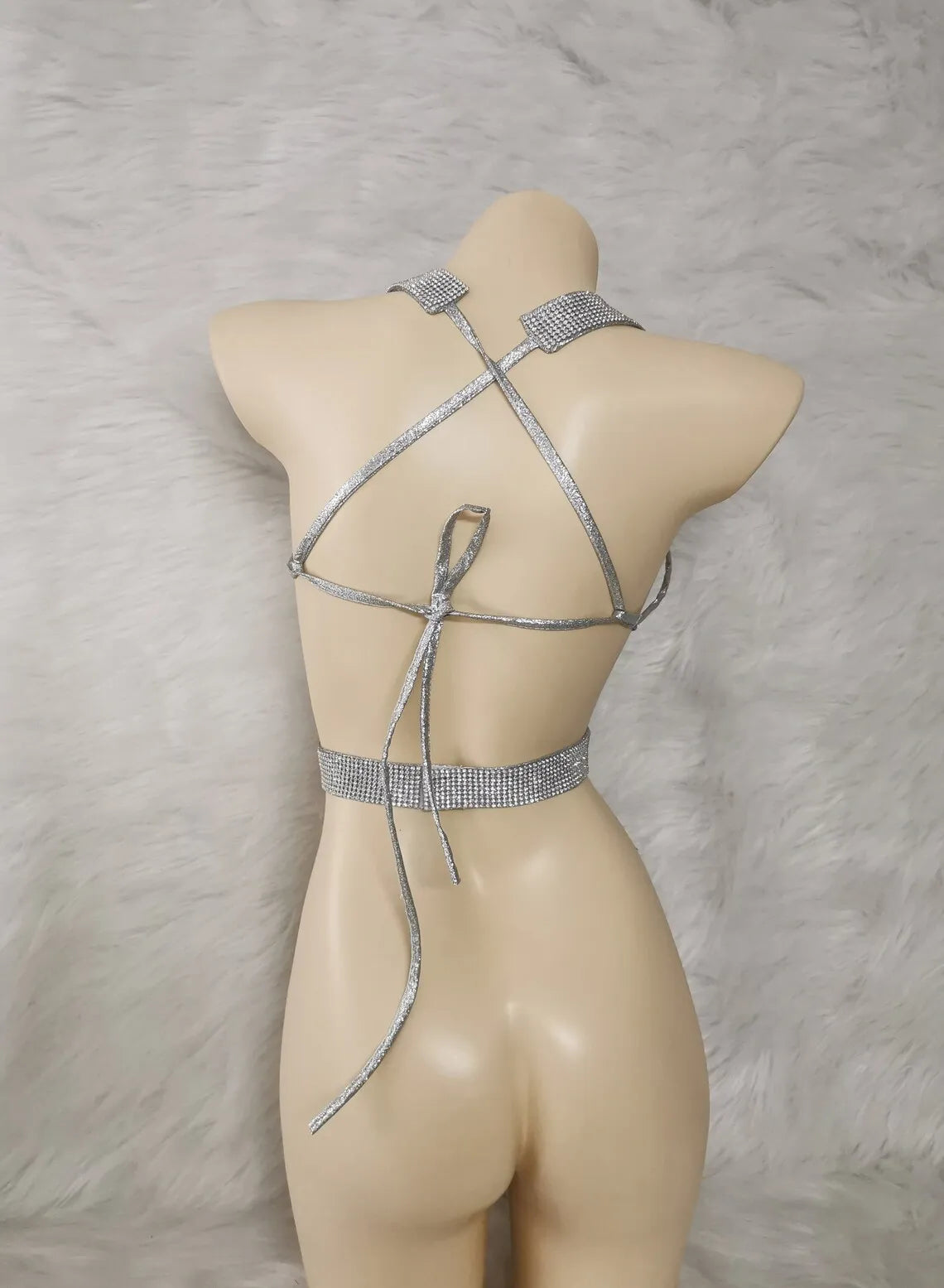 Women's Silver Rhinestone Halter Neck Open Bust Body Chain Belly Dance Bra Top