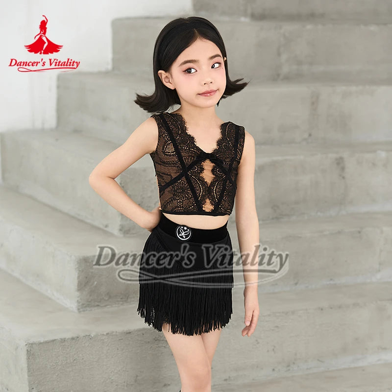 Kids Girls Black Lace Crop Top Fringe Skirt Latin Dance Costume