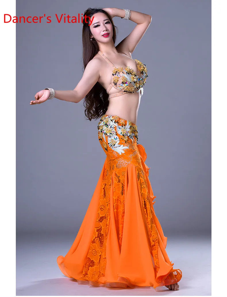 Belly Dance Costume Women's Hot Pink Sequined Halter Top and Ruffled Slit Skirt Set
