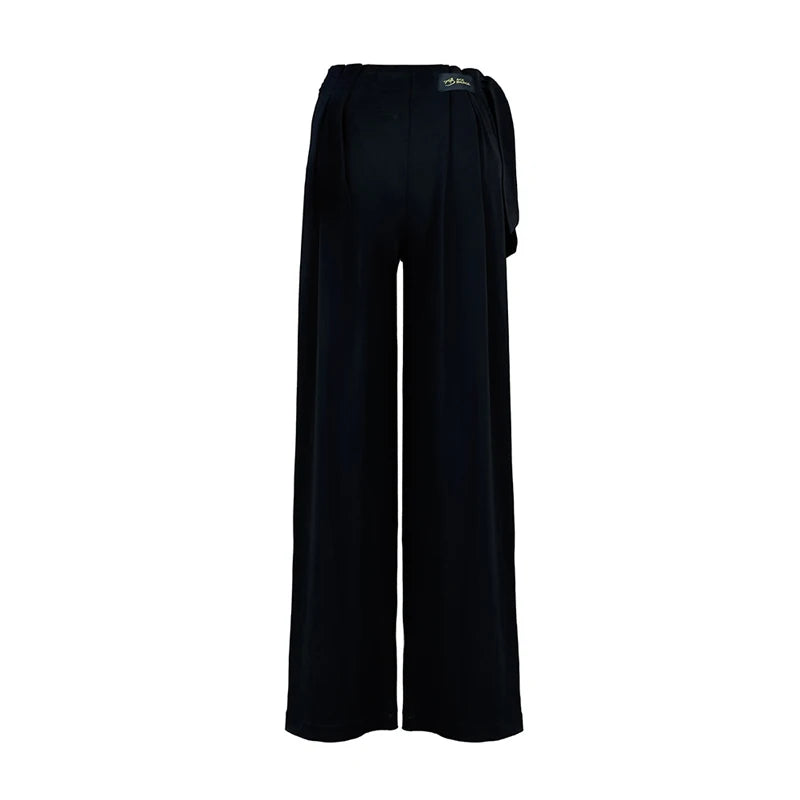 Dance Pants Women's Black High-Waisted Wide Leg Tie-Waist Ballroom Latin Dance Trousers