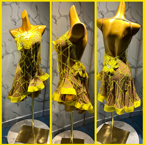 Women's Brown & Yellow Latin Dance Dress with Beaded Fringe & Floral Appliques