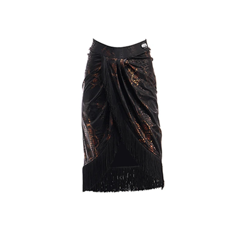 Latin Dance Dress Women's Black & Bronze Halter Fringe Skirt Set Rumba Samba Cha-Cha Ballroom