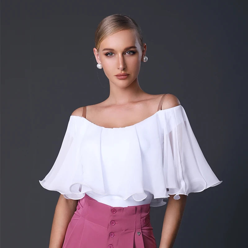 Women's Black Chiffon Off-Shoulder Ruffle Top & Wide-Leg Pants Latin Dancewear Set