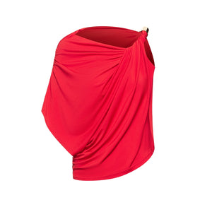 Women's Red & Black Drape Asymmetrical Slit Latin Dance Dress with Buckle Detail