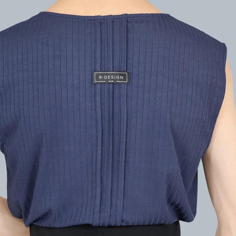 Men's Gray & Navy Ribbed Sleeveless Henley Dance Top with High-Waisted Black Pants, Modern Lyrical Ballet Contemporary Dancewear