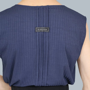 Men's Gray & Navy Ribbed Sleeveless Henley Dance Top with High-Waisted Black Pants, Modern Lyrical Ballet Contemporary Dancewear
