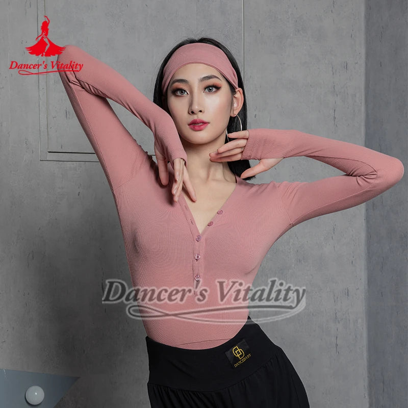Women's Pink Ribbed Long Sleeve V-Neck Bodysuit with Thumbholes, Latin Ballroom Dance
