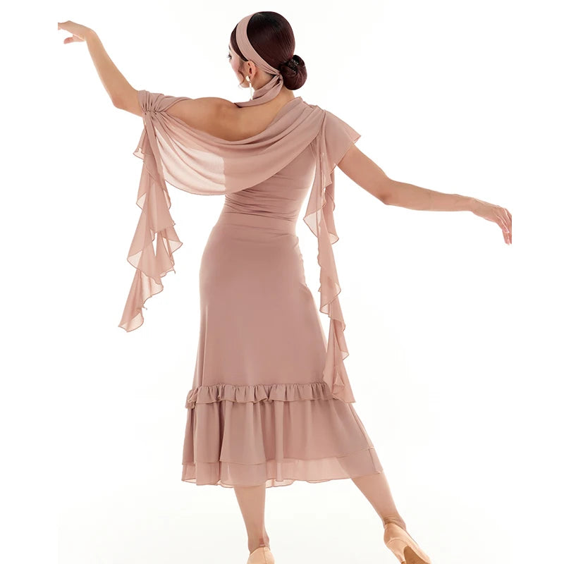 Women's Nude Chiffon One-Shoulder Ruffle Bodysuit & Skirt Latin Dancewear Set