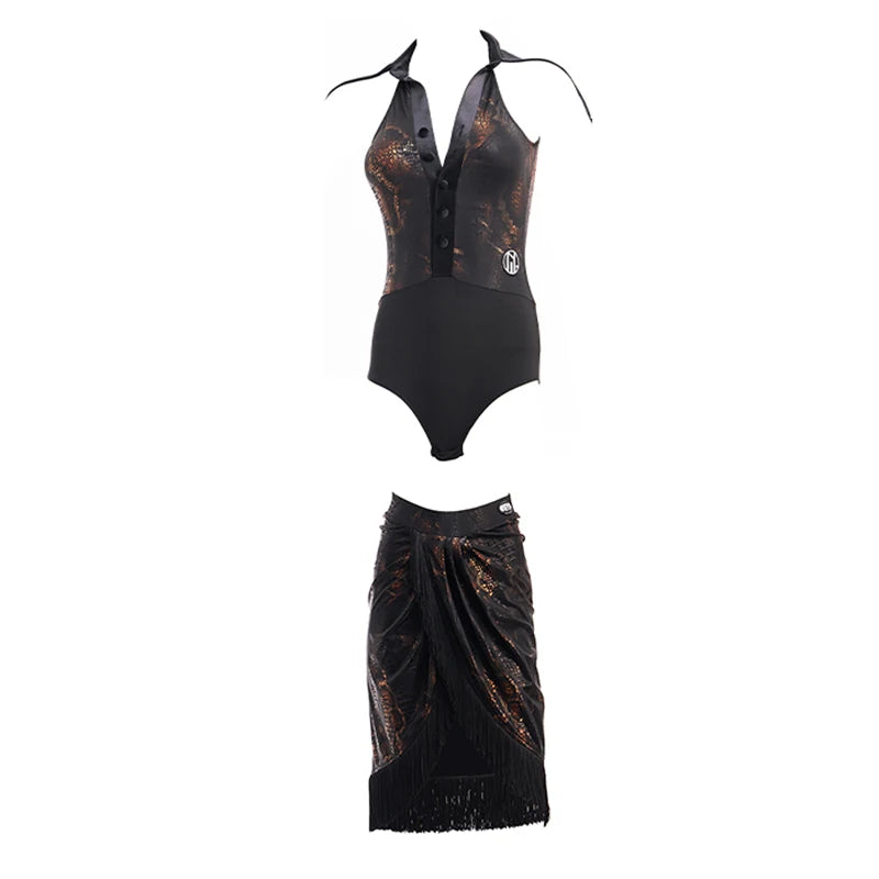 Latin Dance Dress Women's Black & Bronze Halter Fringe Skirt Set Rumba Samba Cha-Cha Ballroom
