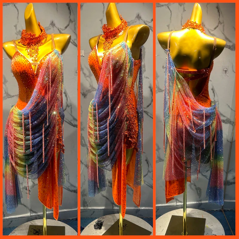 Latin Dance Dress Women Orange Rainbow Rhinestone Fringe Asymmetrical Skirt Ballroom Rumba Samba Cha Cha Tango Costume