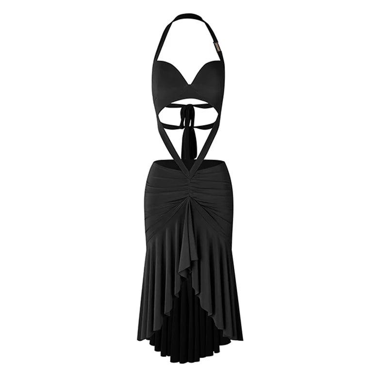 Women's Green and Black Halter Neck Cutout Ruffled Latin Dance Dress