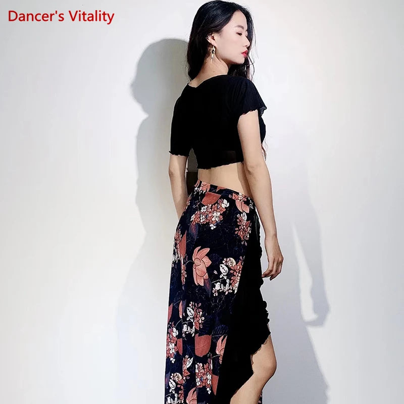 Women's Purple Floral Asymmetrical Skirt and Sheer Crop Top Belly Dance Costume