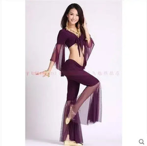 Belly Dance Costume Women's Purple Chiffon Long Sleeve Crop Top and Flare Pants Set