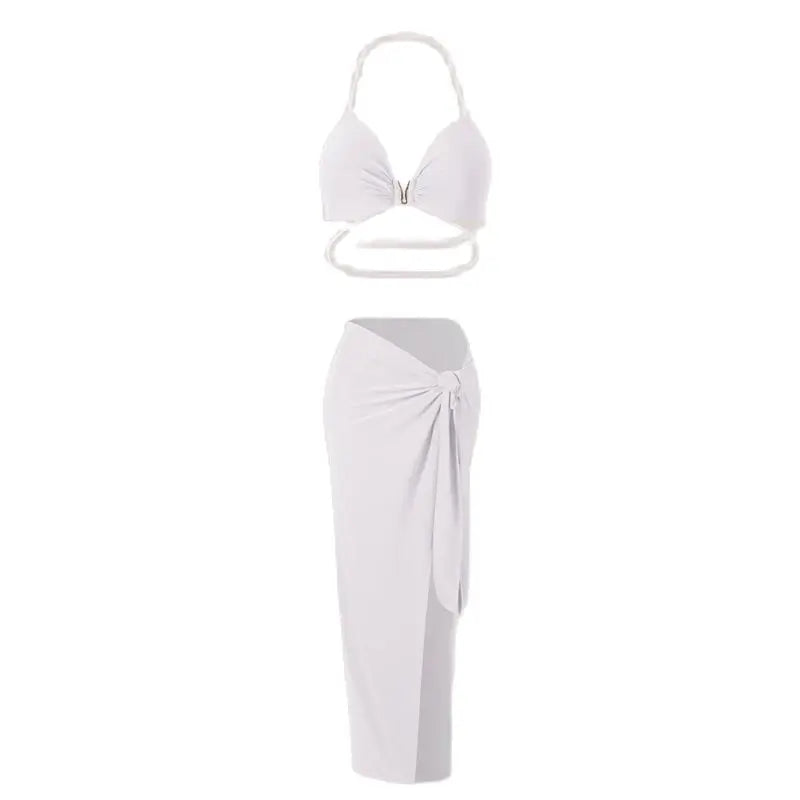 Women's Halter Neck Ruched Two-Piece Set with High Slit Skirt, Red, Black, White, Latin Dance