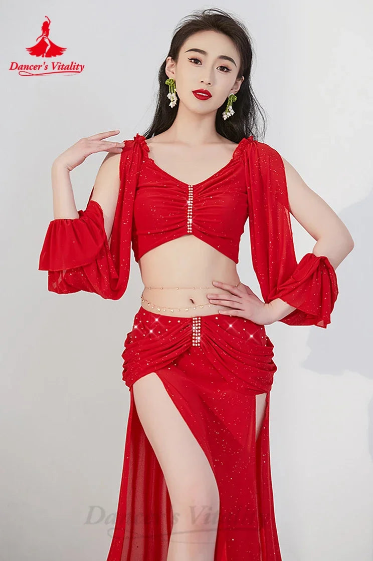 Belly Dance Costume Women's Teal Sparkle Crop Top with Flowing Sleeves and High Slit Skirt, Chiffon and Spandex Set