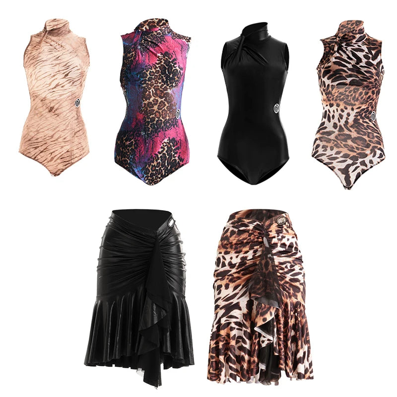 Women's Black & Leopard Print Sleeveless Mock Neck Bodysuit & Ruffled Skirt Latin Dancewear