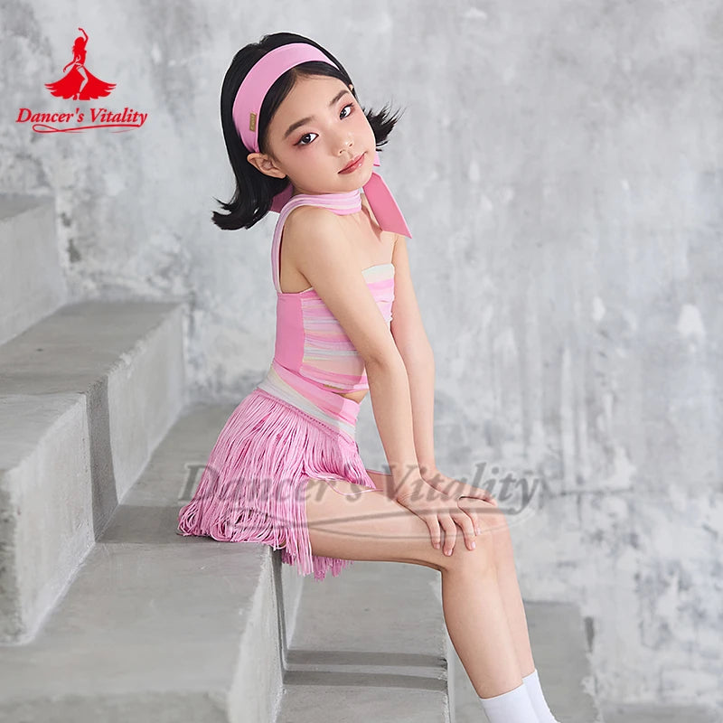 Girls Pink Striped Strapless Fringe Latin Dance Dress
