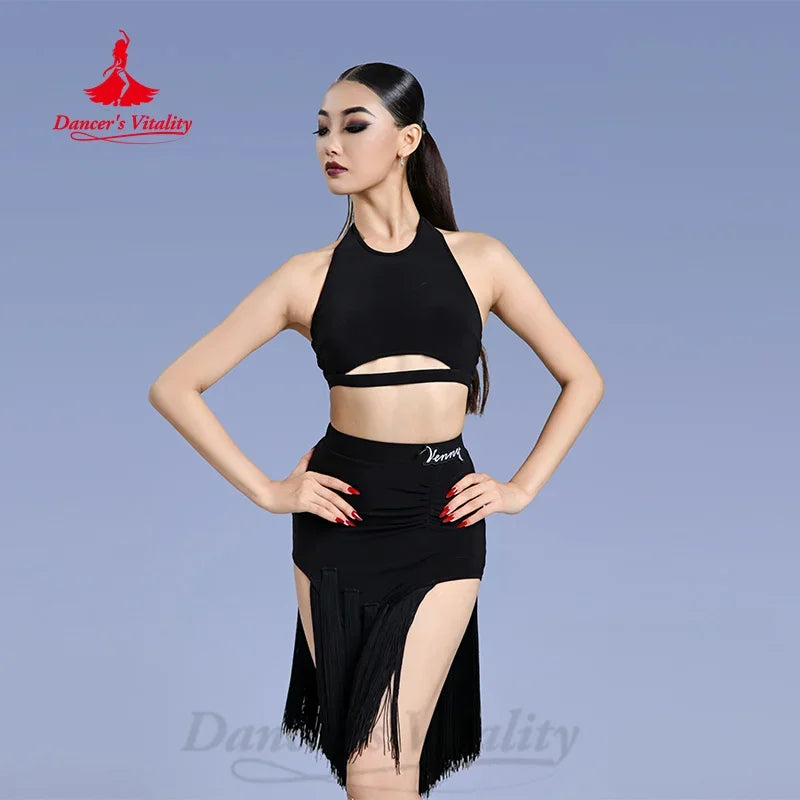 Women's Black Halter Crop Top and Fringe Skirt Latin Dancewear Set