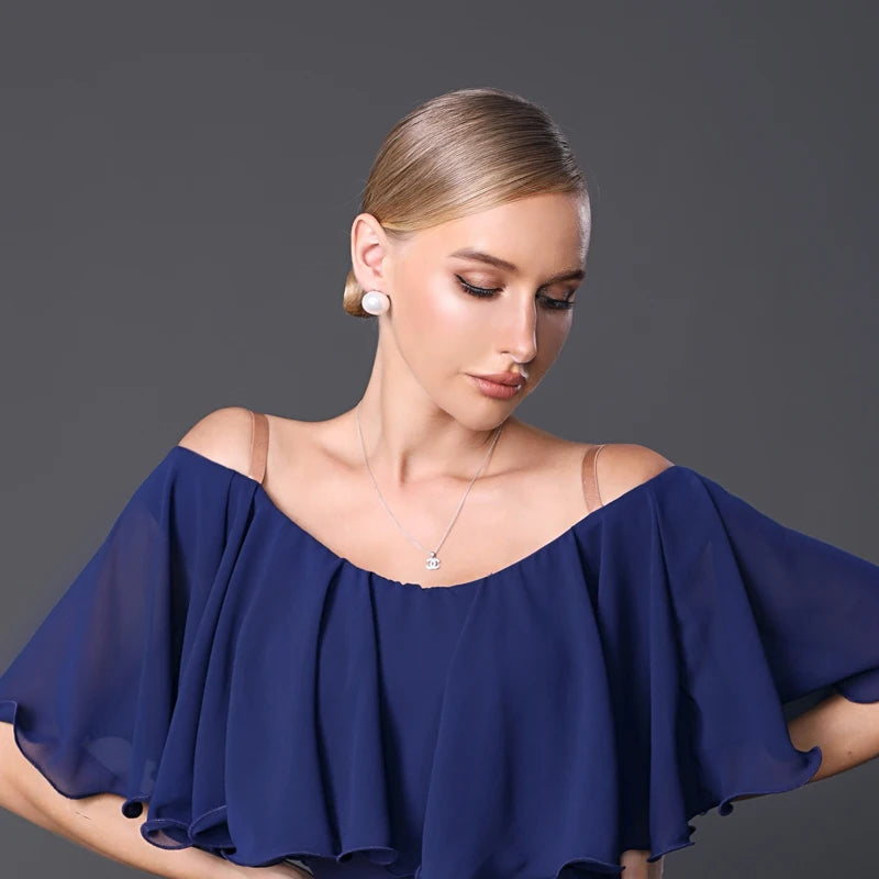 Women's Black Chiffon Off-Shoulder Ruffle Top & Wide-Leg Pants Latin Dancewear Set