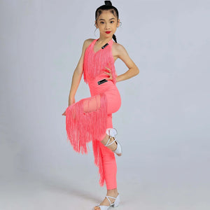 Kids Girls Blue Fringe Latin Dance Jumpsuit, Black Halter Mesh Fringe Dance Jumpsuit, Kids Girls Pink Fringe Latin Dance Jumpsuit