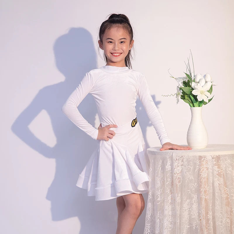 Girls Latin Dance Dress, Pink Velvet Long Sleeve Ruffled Skirt Ballroom Performance Costume