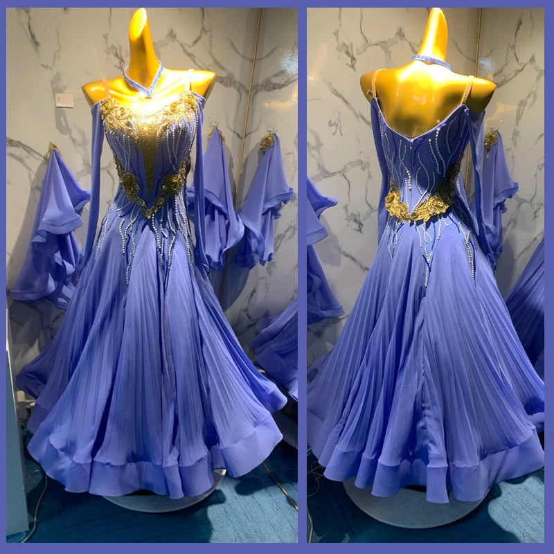 Ballroom Dance Dress Women's Lavender Gold Beaded Rhinestone Off-Shoulder Long Sleeve Pleated Gown