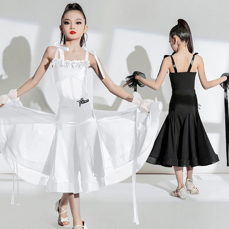Girls' White & Black Spaghetti Strap Floral Embellished Satin Ballroom Dance Dress