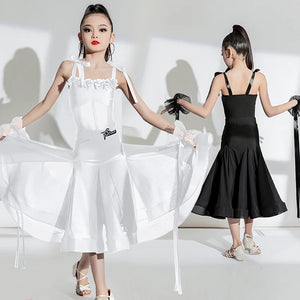 Girls' White & Black Spaghetti Strap Floral Embellished Satin Ballroom Dance Dress