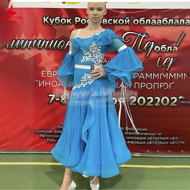 Girls' Blue Standard Ballroom Dance Dress with White Lace Applique & Chiffon Sleeves