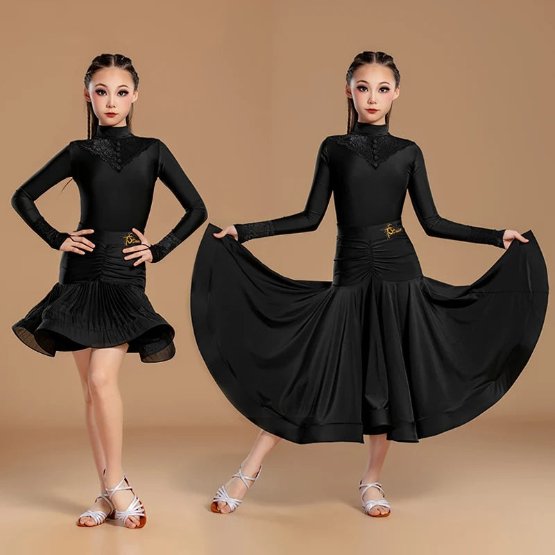 Girls' Black Ballroom Dance Dress with Lace Neckline and Ruched Waist, Long Sleeve Latin Dance Skirt