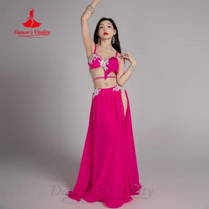Belly Dance Costume for Women, Red Chiffon Sequin Embroidered Bra and Skirt Set, Professional Performance Outfit