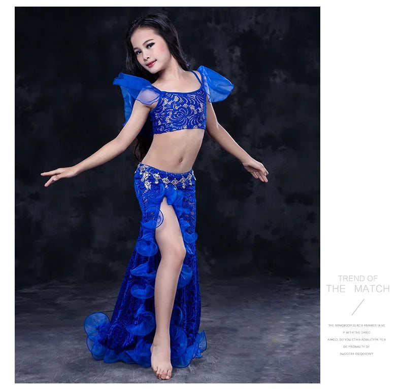 Girls Red Lace Ruffle Belly Dance Costume Set