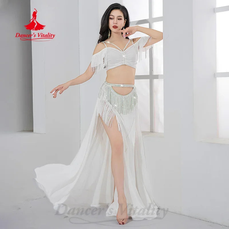 Belly Dance Costume Womens Red Chiffon Fringe & Rhinestone Off-Shoulder Crop Top & High-Slit Maxi Skirt Set