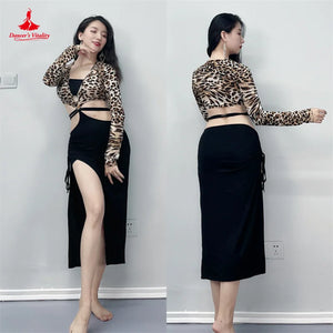 Women's Leopard Print Long Sleeve Crop Top & Black Slit Skirt Set - Latin Dancewear