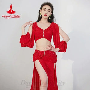 Belly Dance Costume Women's Teal Sparkle Crop Top with Flowing Sleeves and High Slit Skirt, Chiffon and Spandex Set