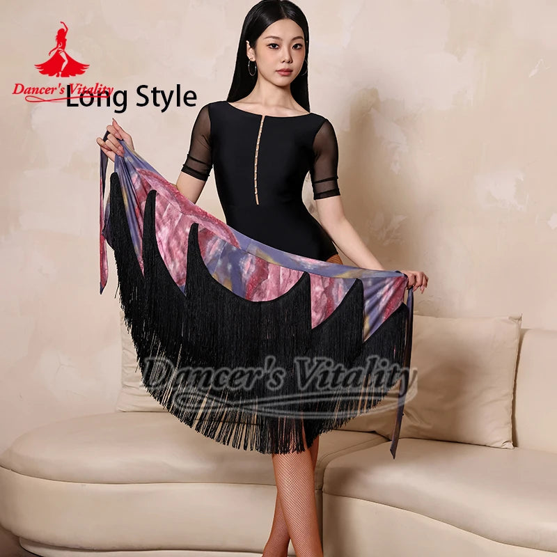 Women's Black/Gray/White Fringe Latin Dance Skirt with Fishnet Tights, Asymmetrical Design, Ballroom Rumba Cha Cha Samba Tango