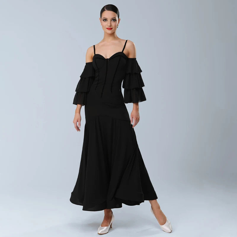 Women's Black Chiffon Off-Shoulder Ruffle Sleeve Sweetheart Neckline Latin Ballroom Dance Dress