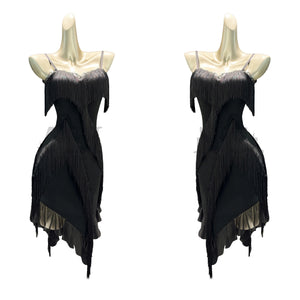 Women's Light Blue/Black Fringe Asymmetrical Hem Latin Dance Dress