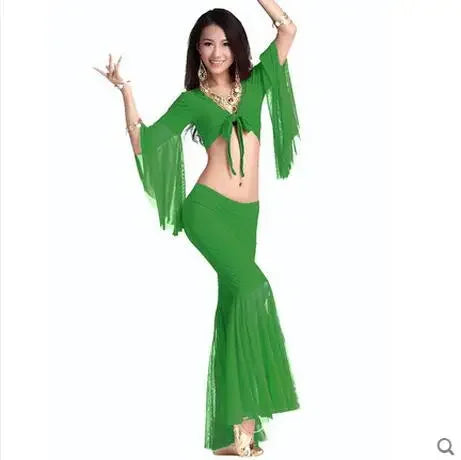 Belly Dance Costume Women's Purple Chiffon Long Sleeve Crop Top and Flare Pants Set