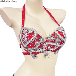 Belly Dance Bra and Belt Set, Women's White Embellished Sequin and Bead Halter Top and Fringe Hip Scarf, Professional Performance Costume