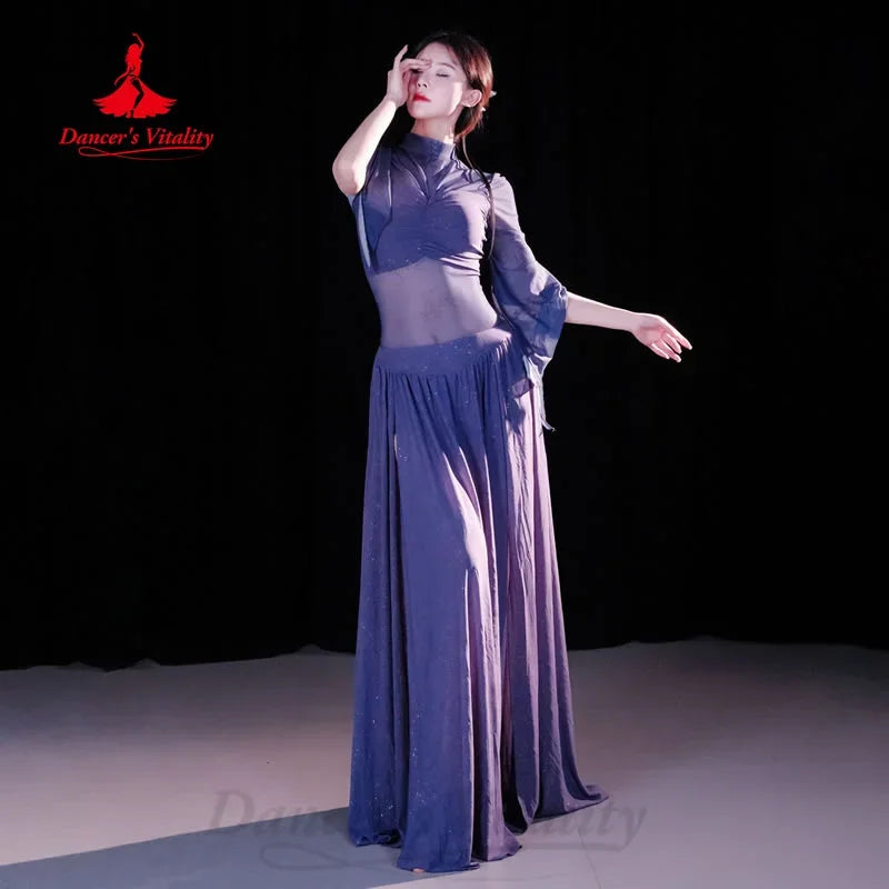 Women's Black & White Halter Crop Top and Flowy Pants Set with Bell Sleeves for Belly Dance