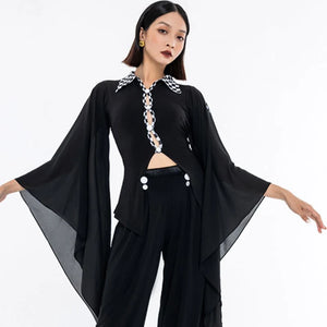 Women's Black Checkered Collar Bell Sleeve Flowy Top & Wide Leg Pants Latin Dancewear