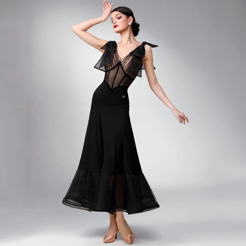 Women's Black Sheer Mesh & Bow Detail Ballroom Latin Rhythm Dance Dress with Beaded Hem