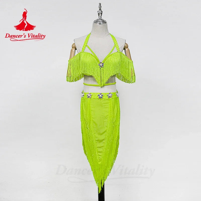 Women's Hot Pink Fringe Sequin Asymmetrical Skirt Latin Dance Dress