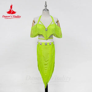 Women's Hot Pink Fringe Sequin Asymmetrical Skirt Latin Dance Dress