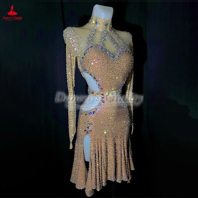 Latin Dance Dress With AB Rhinestones High Neck Long Sleeve For Women And Kids Cha-Cha Competition