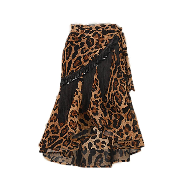 Women's Black Long Sleeve Mock Neck Open Back Leotard with Ruffled Tassel Latin Dance Skirt